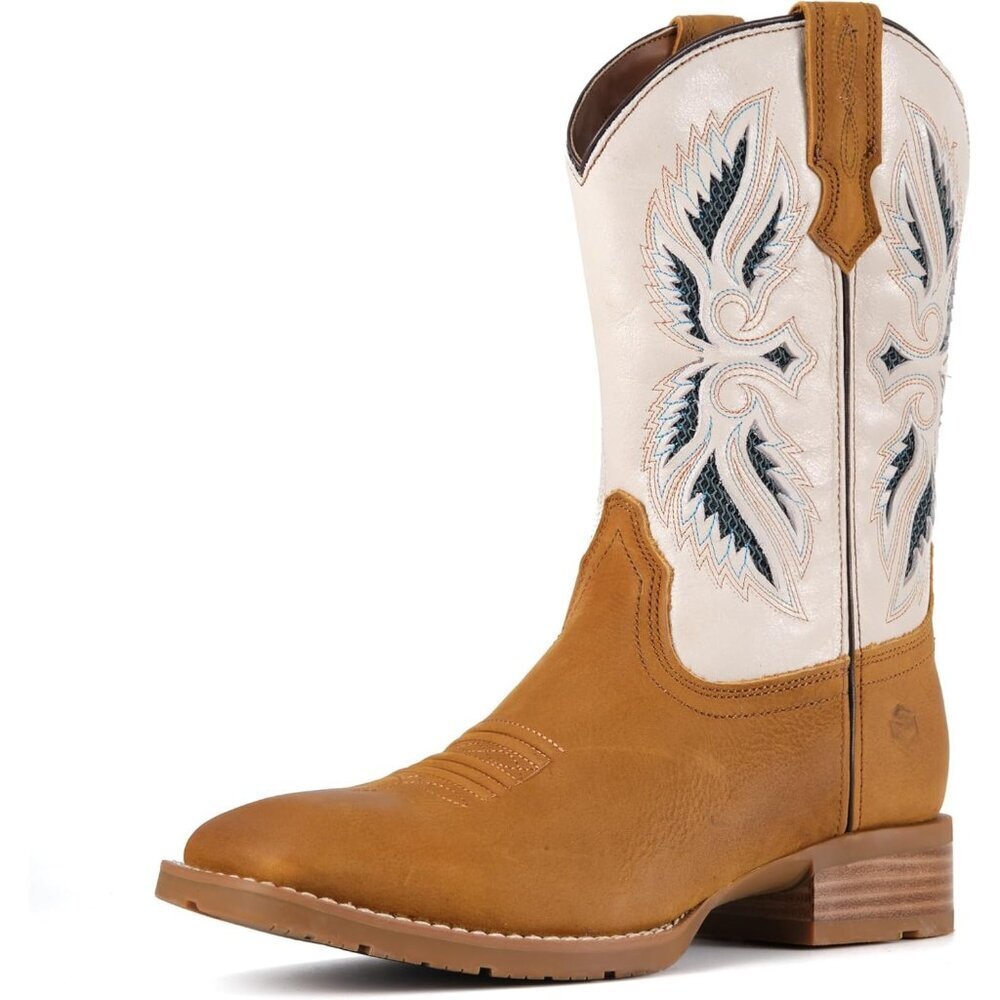 Men’s Tan White Square Toe Leather Boots Durable 10-inch Pull-on Wellington Boot